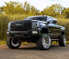 a large black truck parked on top of a dirt road in front of tall grass