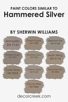 Colors Similar to Hammered Silver SW 2840 by Sherwin Williams Brown Grey Paint, Sherwin Williams Paint Neutral, Taupe Paint Colors, Paint Color Swatches, Brown Paint Colors, Taupe Paint, Sherwin Williams Gray, Farmhouse Paint Colors, Farmhouse Paint