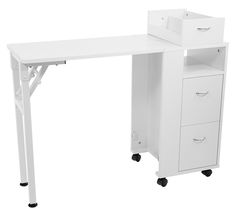 a white computer desk with two drawers on wheels