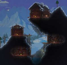 an image of some houses in the middle of snow covered mountains and trees at night