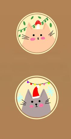 two plates with cats wearing christmas hats on them, one has a string of lights hanging from it's head