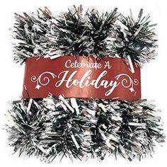 a red and silver tinsel wreath with the words celebrate a holiday on it