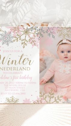 Winter Onederland Birthday Invitations, Snowflake Invitations, Pink Gold Birthday, First Birthday Girl, Onederland Birthday Party, Snowflake Photos, Winter Onederland Birthday, Photo Birthday Invitations, Winter Onederland