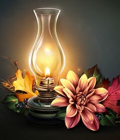 an oil lamp with flowers and leaves around it on a dark background, lit by a single light bulb