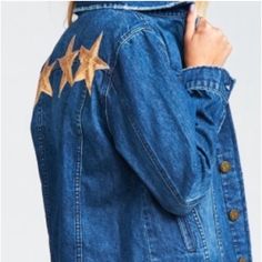 Show Me Your Mumu Devin Trucker Jean Jacket With Gold Stars Embellishment, Button Down, Long-Sleeve, Nwt Size S Blue Star Print Outerwear For Fall, Fall Denim Jacket With Star Print, Fall Denim Jacket With Star Patch, Fall Denim Jacket With Star Patch And Long Sleeves, Star Jeans, Show Me Your Mumu, Show Me Your, Gold Stars, Show Me