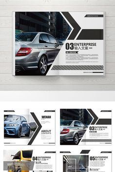 a car brochure is shown in this graphic style, with black and white lines