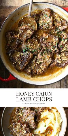 the recipe for honey - cajun lamb chops is shown in two different pans