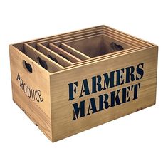 a wooden crate with farmers market printed on the front and sides, holding six bottles