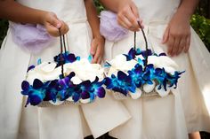 two bridesmaids hold their bouquets with blue and white orchids on them