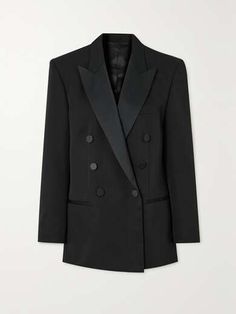 ISABEL MARANT Peagan double-breasted satin-trimmed wool blazer | NET-A-PORTER Luxury Evening Tuxedo With Double Button Closure, Designer Evening Tuxedo With Lapel Collar, Evening Tuxedo Suit With Double Button Closure, Tuxedo Suit With Double Button Closure For Evening, Black Silk Blazer For Black-tie Events, Elegant Blazer For Black-tie Events In Fall, Elegant Fall Tuxedo With Double Button Closure, Elegant Double-breasted Evening Tuxedo, Fall Tuxedo Style Silk Blazer