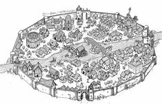 a black and white drawing of a town with lots of houses on the top floor