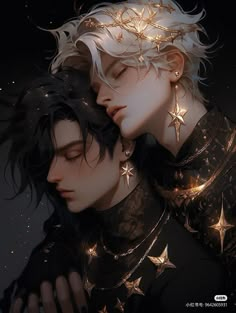 two people with stars on their head and one has his face close to the other