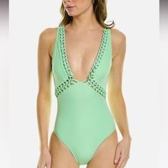 Color/Pattern: Mint Design Details: V-Neck, Chain Trim And Removable Soft Cups Slip-On Styling Moderate Seat Coverage 72% Polyamide, 28% Elastane Hand Wash Imported Bin: 4 Elegant Green Bodysuit For The Beach, Elegant Green Bodysuit For Poolside, Spring Party One Piece With V-neck, Spring Party V-neck One Pieces, V-neck One Piece Swimsuit For Spring Pool, Chic V-neck One-piece Swimsuit For Pool, Chic V-neck One-piece For The Pool, Elegant V-neck One Piece For Pool, Swimsuit High Waisted