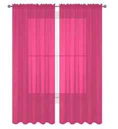 a pink curtain hanging from the side of a window with sheer curtains in front of it