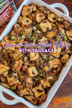 Thanksgiving wouldn’t be complete without a flavorful stuffing recipe. Try this Cinnamon Raisin Bread Stuffing with Sausage. It’s filled with Martin’s Cinnamon Raisin Swirl Potato Bread cubes, hot Italian sausage, vegetables, and fresh herbs. Bread Stuffing With Sausage, Stuffing Apple, Stuffing With Sausage, Sausage Cornbread Stuffing, Sausage Stuffing Recipe, Sausage Stuffing, Sage Sausage