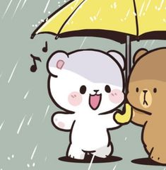 two cartoon bears standing under an umbrella in the rain with music notes coming out of their ears