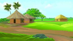 two huts in the middle of a green field with palm trees and dirt road leading to them