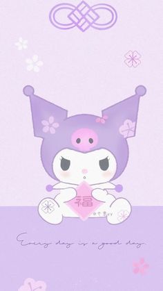 a cartoon character sitting on top of a purple surface with flowers and butterflies around it