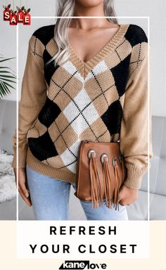 Loose V-neck Rhombus Pattern Sweaters V-neck Top With Argyle Pattern For Fall, Winter V-neck Argyle Pattern Top, Fall V-neck Top With Argyle Pattern, Fall Argyle V-neck Top, Pattern Sweaters, Rhombus Pattern, Acrylic Fiber, Color Pick, Pattern Sweater