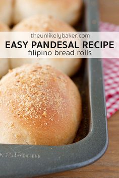 bread rolls in a pan with text overlay