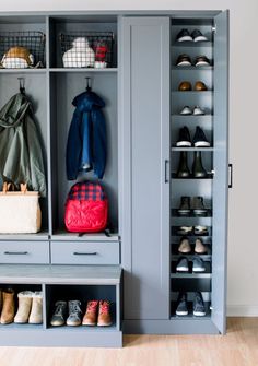 an organized closet with shoes and handbags