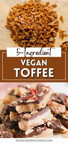 vegan toffe recipe with chocolate and pecans on top, in the background