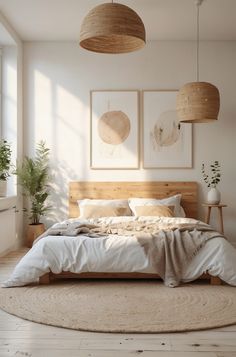 a large bed sitting in a bedroom next to two plants