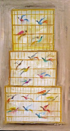 a painting of birds in a cage on the wall next to each other and another bird sitting on top of it