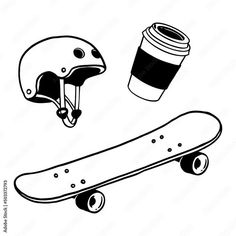 a skateboard with a helmet and a cup of coffee on the top, next to it