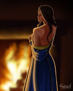 a digital painting of a woman in a blue dress looking off into the distance with fire behind her