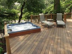 a hot tub sitting on top of a wooden deck