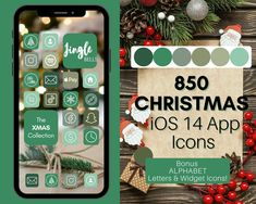 the christmas icons app is displayed on an iphone and another phone with it's screen open