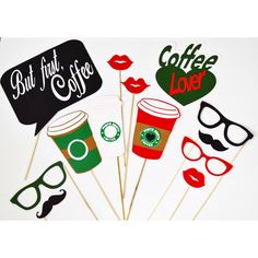 cupcake toppers with coffee and sunglasses on them are sitting next to each other