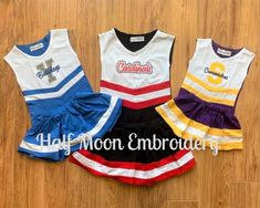 "~PERSONALIZED CHEER UNIFORMS~ **Please read entire item detail before ordering** FOR ANY SIZES/COLOR LISTED AS \"SOLD OUT\"....I receive new shipments in around mid to late August each year at this time the inventory will be updated. These cute cheer outfits can be personalized with your team name! Sizes from 6 months thru 10 years, run true to size. They are available in 17 color combinations (I am not able to make custom color combinations other the ones pictured). The material is 95% cotton White Cotton Sports Sets, White Cotton Sets For Sports Events, White Cotton Cheerleading Sets, White Cotton School Spirit Sets, Fitted Cotton Cheerleading Sets, Note Supplies, Custom Cheer Uniforms, Kids Beach Bag, Cheer Costumes