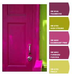 the door is painted bright pink, green and yellow with different color names on it