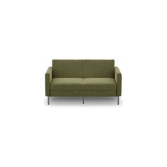 a green couch sitting on top of a white floor