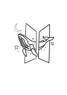 a black and white drawing of an open book with a whale on it's side