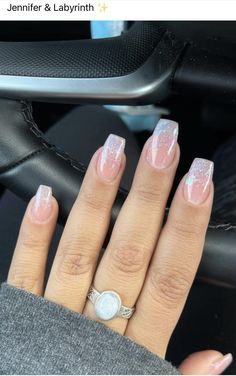 Short Coffin Sparkle Nails, Hoco Nail Inspo Pink, Coffin Acrylic Nails Sparkle, Prom Dip Nails, Ombre Pink Nails Glitter, Senior Photo Nail Ideas, Prom Nails Sparkle, Sparkle Prom Nails, Short Coffin Dip Powder Nails