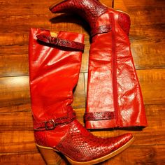 Worn One Time In Great Condition! Constructed With Genuine Leather And Real Snakeskin Leather! Handcrafted In Mexico. Red Western Heeled Boots With Round Toe, Red Western Style Heeled Boots With Round Toe, Western Burgundy Leather Boots, Bold Red Leather Boots, Bold Leather Heeled Boots For Fall, Luxury Red Heeled Boots For Fall, Luxury Red Boots For Fall, Western Red Leather Moto Boots, Red Leather Heeled Boots With Reinforced Heel