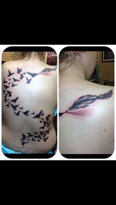 the back of a woman's body with birds flying around it and an arrow tattoo on