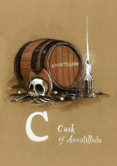 a drawing of wine barrels and a skull on the ground next to each other with words written below