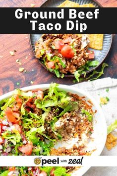 ground beef taco dip with lettuce and tomatoes