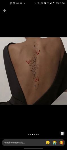 the back of a woman's neck with flowers and butterflies on her lower back