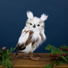 an owl is standing on a wooden table with holly branches and pine cones around it