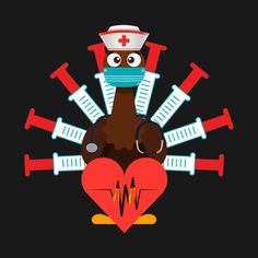 a heart with medical equipment around it and an owl on the side, surrounded by blood