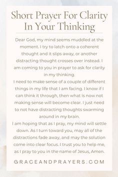 a prayer card with the words, short prayer for clarify in your thinking