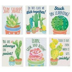 four cards with cactus and succulents on them, one says stay sharp