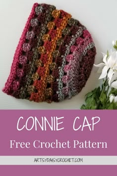 a crocheted hat with text that reads connie cap free crochet pattern