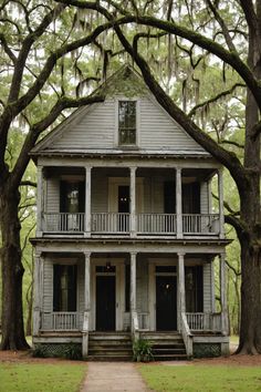 an old house is surrounded by trees and grass