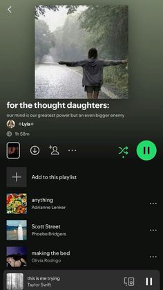 an iphone screen showing the music player's playlist on its side, with text reading for the thought daughters